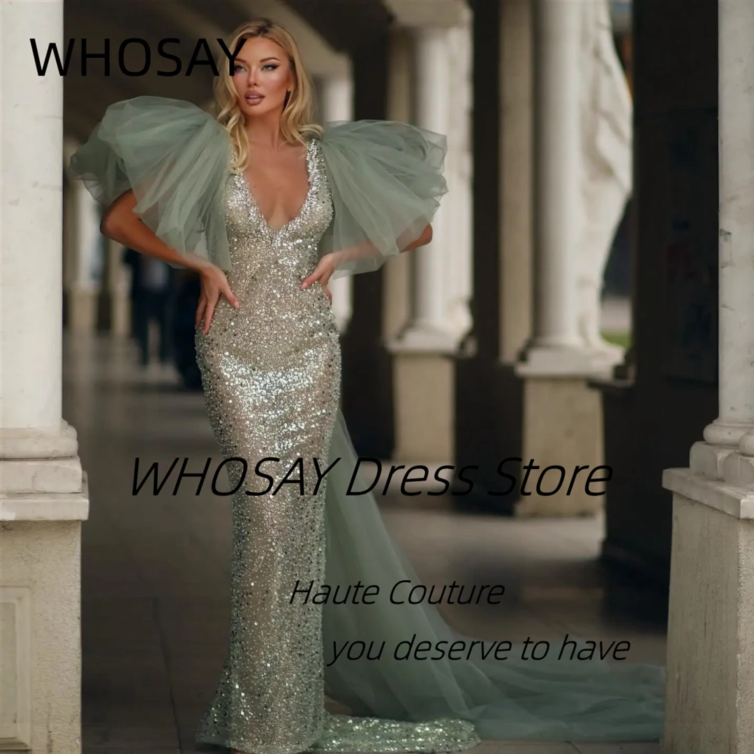 

WHOSAY Sexy V Neck Sequins Mermaid Prom Dresses Puffy Sleeves Tulle Long Flutters Vestidos Party Evening Banquet Bespoke Gowns