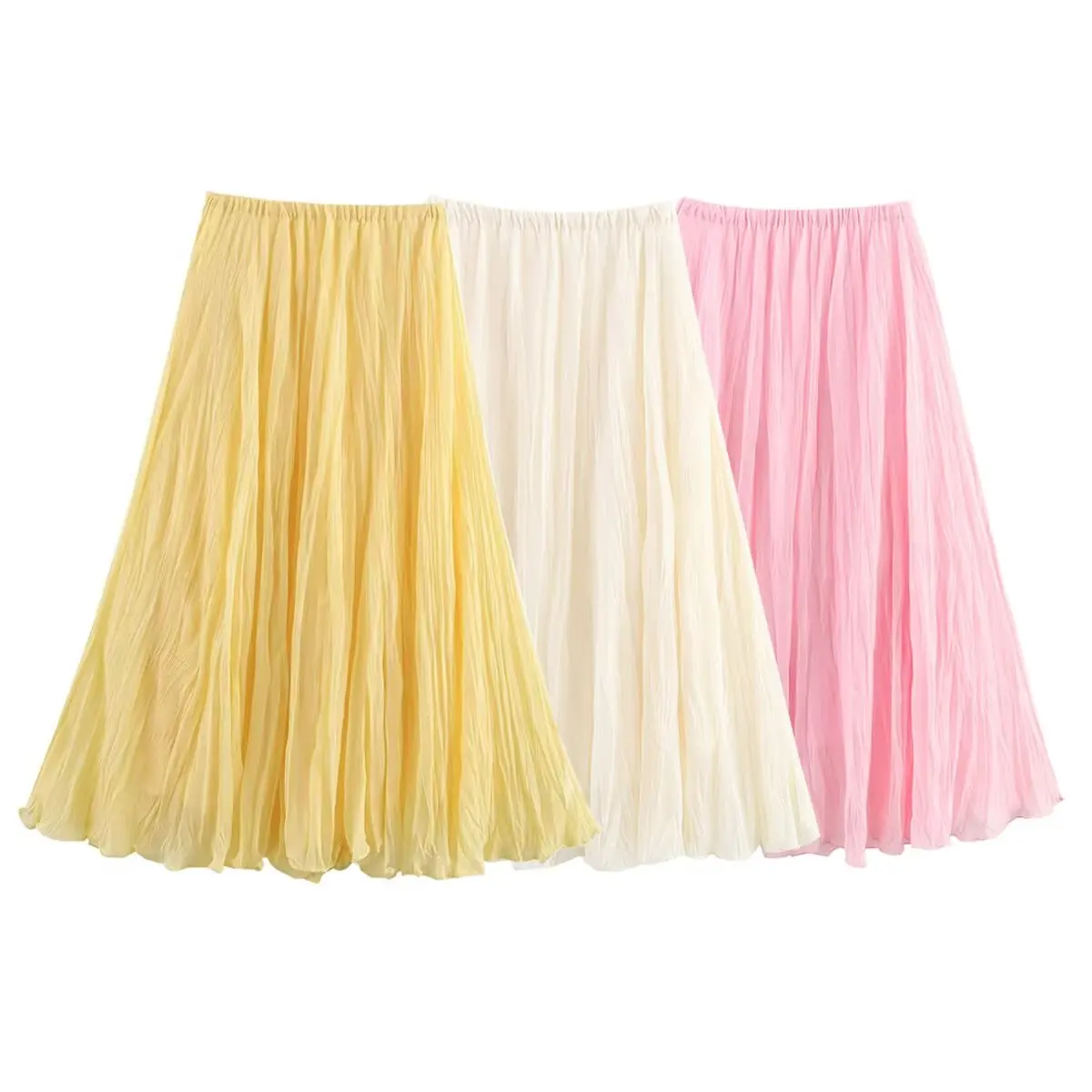 

Elegant Women Fashion Solid Color Elastic Waist Shrink Pleat Midi Skirt Faldas Mujer Female Summer Skirts QUN9237