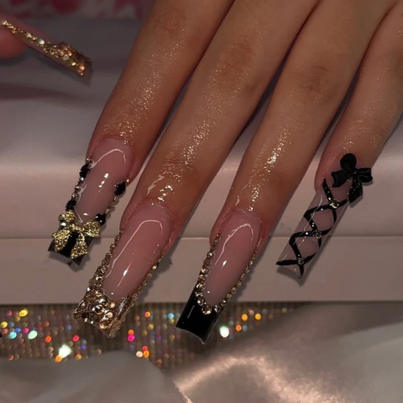 

24Pcs Long Square Press on Fake Nails Black Stripe French Detachable False Nails 3D Bow Flower Rhinestone Full Cover Nails Tips