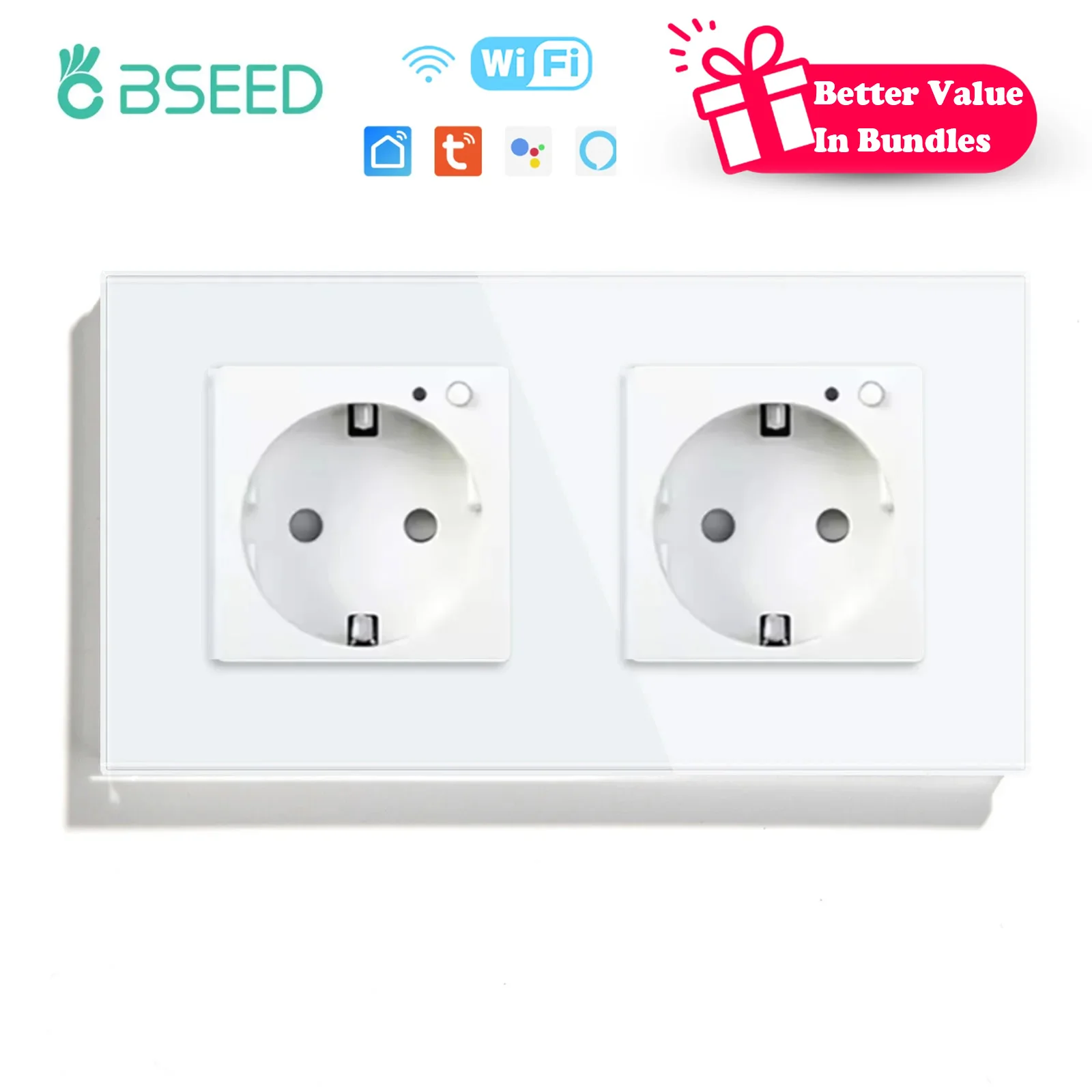 BSEED Smart Doppelsteckdose Glas APP WIFI Wandsteckdose 16A EU 110V-240V Elektrische Steckdose Wandmontiert Tuya Steckdosen Weiß