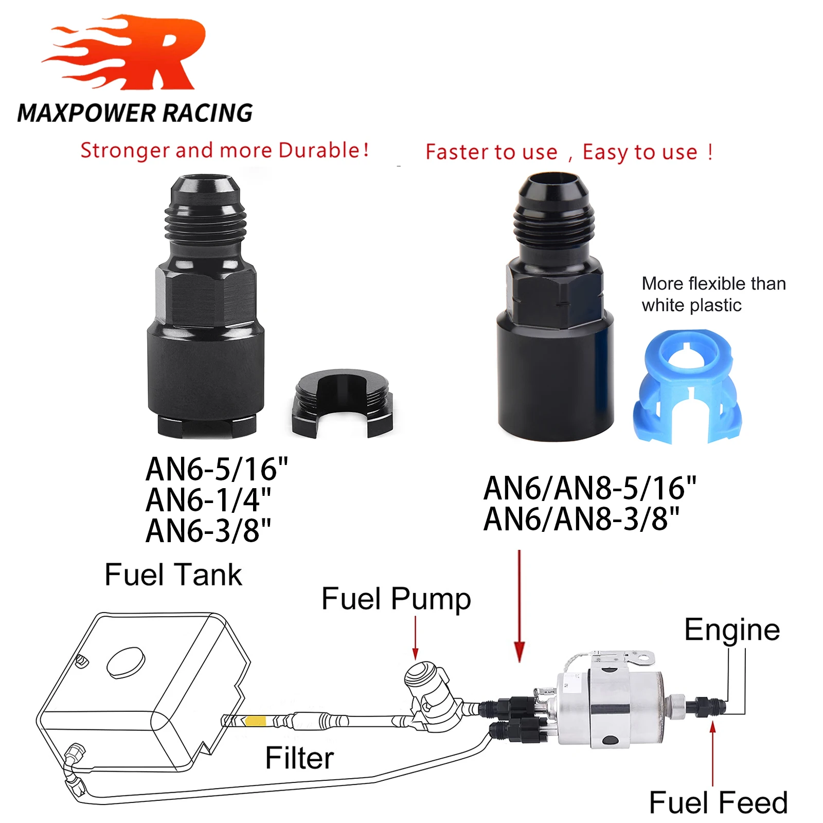 محول خط الوقود EFI مناسب AN6 إلى 1/4&5/16 بوصة خط صلب لقفل الدفع سريع التوصيل لنظام وقود السباق، سبائك ألومنيوم سوداء باستخدام الحاسب الآلي #1