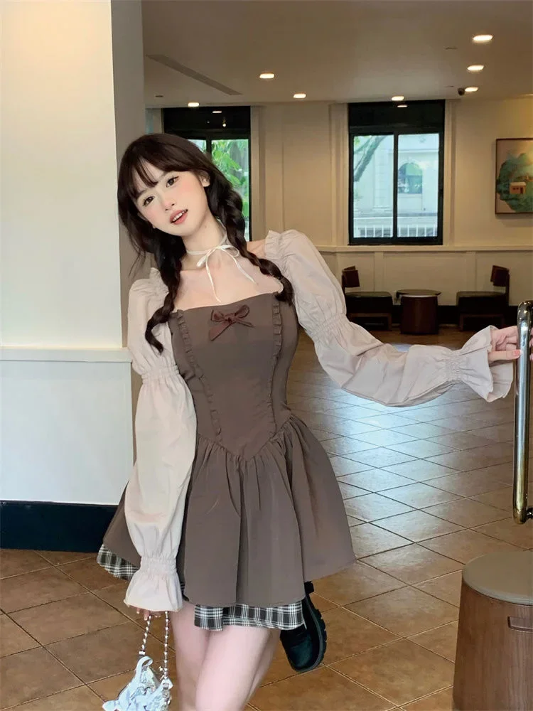 

Contrast Color Korean Bow Patchwork Women Dress Slim Waist Tunic Sweet Dresses Y2k Aesthetic Fashion Elegant Puff Sleeve Vestido