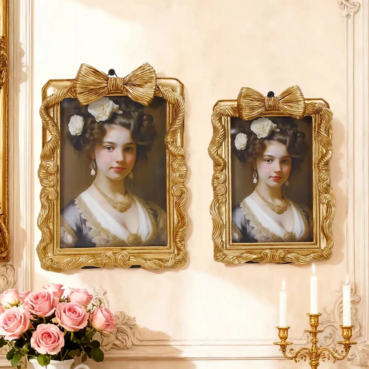 European Retro Golden Three-Dimensional Bow Pattern Decorative Indoor Desktop Photo Display Frame (Hanging Or Standable)