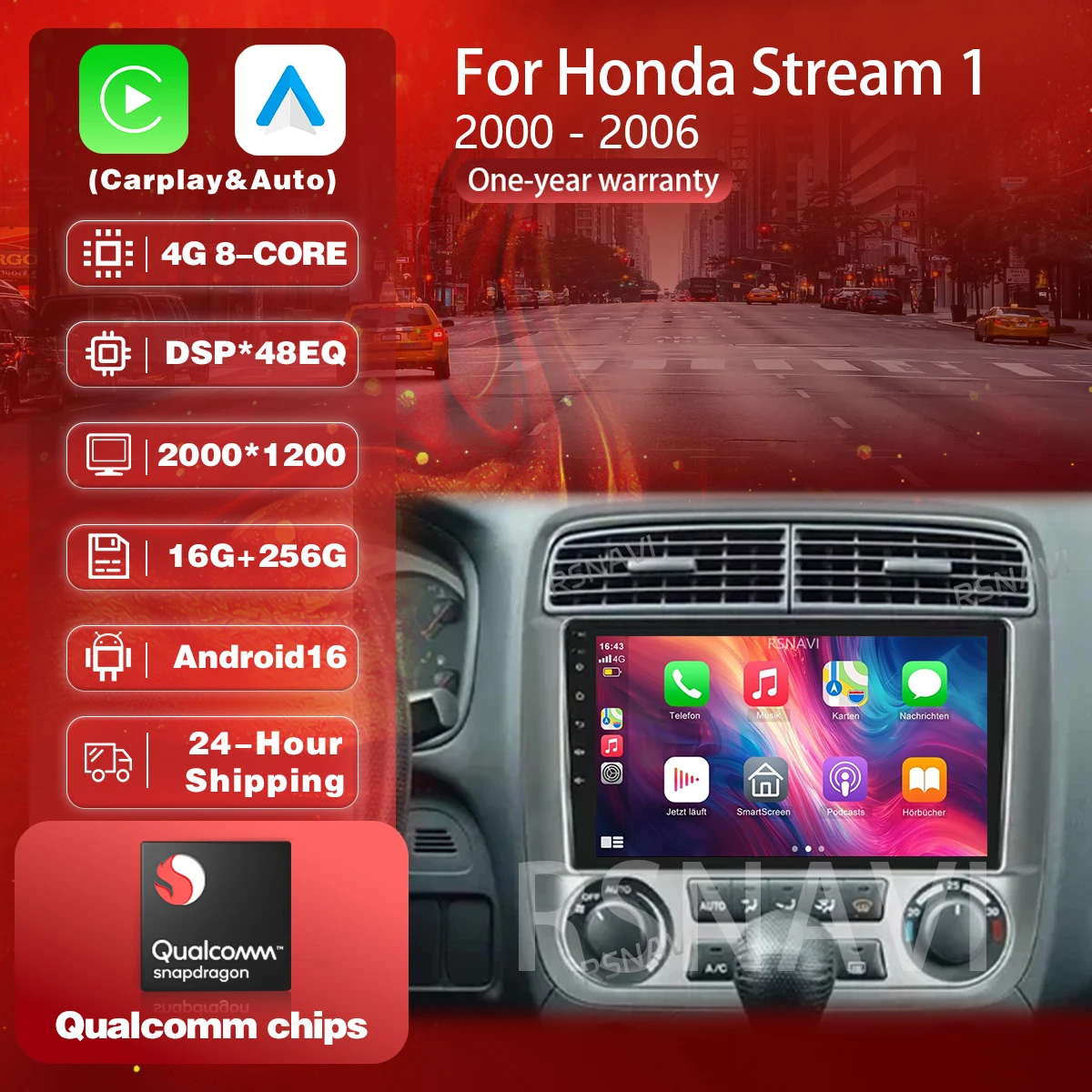 RSNAVI Android 16 Carplay Auto Car Radio Multimedia Player For Honda Stream 2000 - 2005 Autoradio GPS Stereo 2din Head Unit