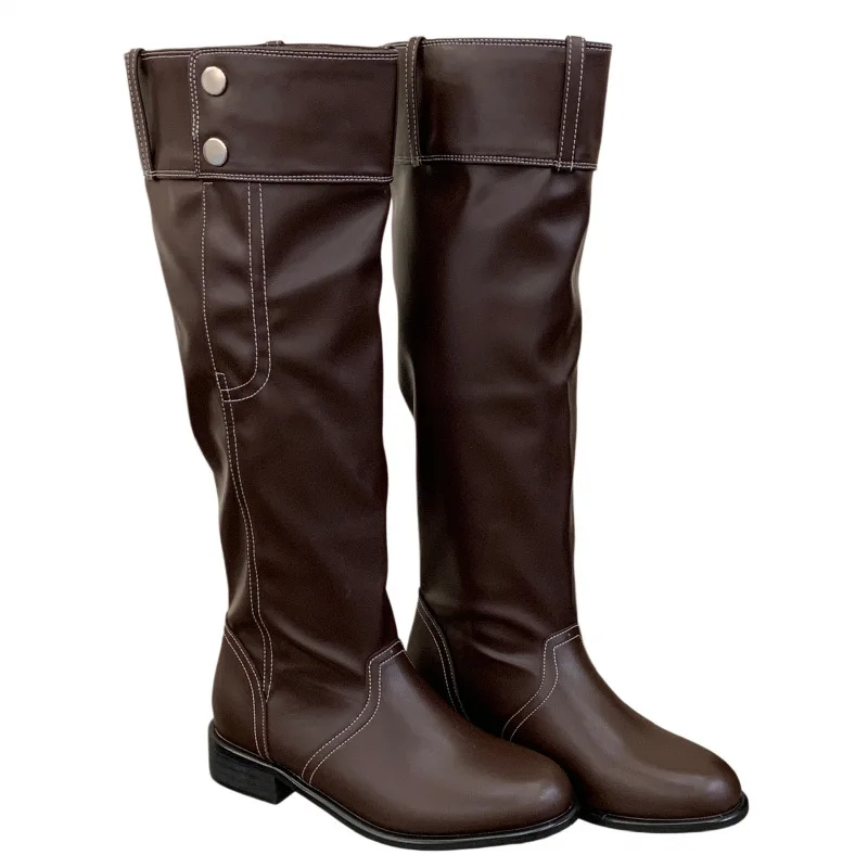 Purcoral 2026 Women Knee High Boots Square Toe Turn‑Down Cuff Metal Buttons Heel PU Leather Ladies Fall Winter Long Boots view 6
