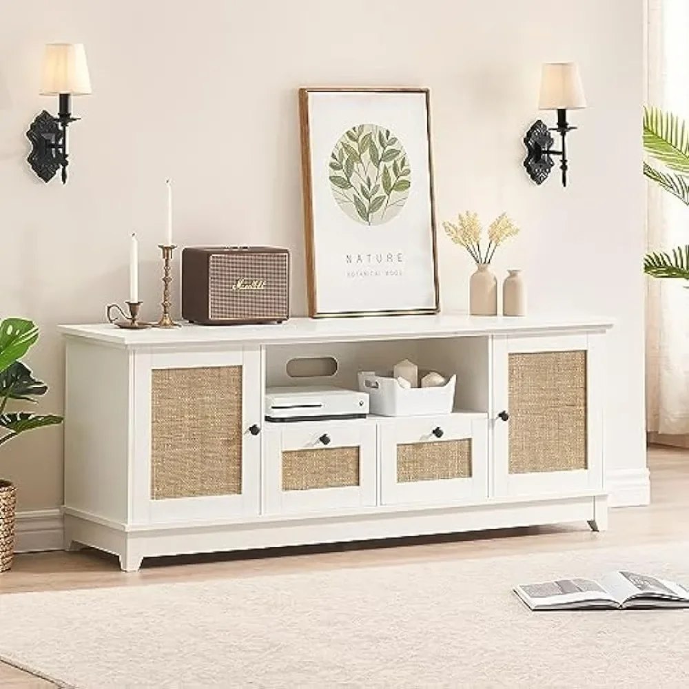 TV Stand Rattan Entertainment Center, Console moderno com armazenamento e gaveta, Televisão Stands para sala de estar, 70"