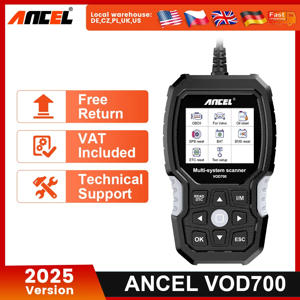 ANCEL VOD700 OBD2 Scanner Fits for Volvo Car Code Reader ABS Bleeding Injector Oil Reset All System OBD2 Diagnostic Scan Tool