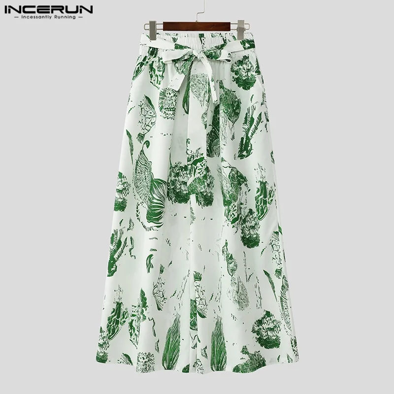 INCERUN เสื้อกันหนาว 2025 กางเกงขากว้างผู้ชายพิมพ์ Lace Up Joggers กางเกงผู้ชายแฟชั่น Oversize Casual ชายยาวกางเกง S-5XL