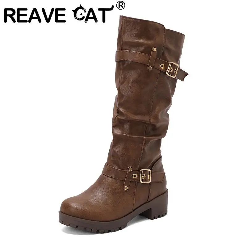 REAVE CAT 2027 Vintage Female Knee High Boots Round Toe Chunky Heels 5cm Platform 2cm Slip On Belt Buckles Big Size US12 44 US14