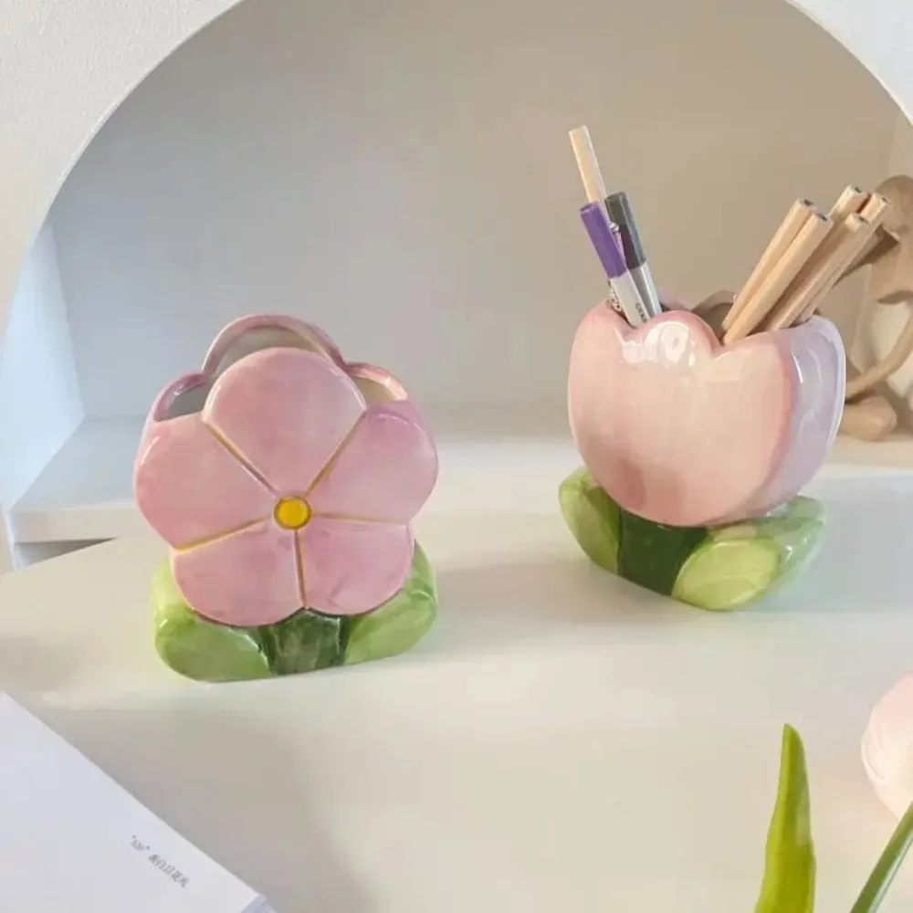 Ceramic Flower Makeup Brush Storage Bucket Tulip Flower Retro Flower Cute Flower Table Storage Pen Container Kawaii