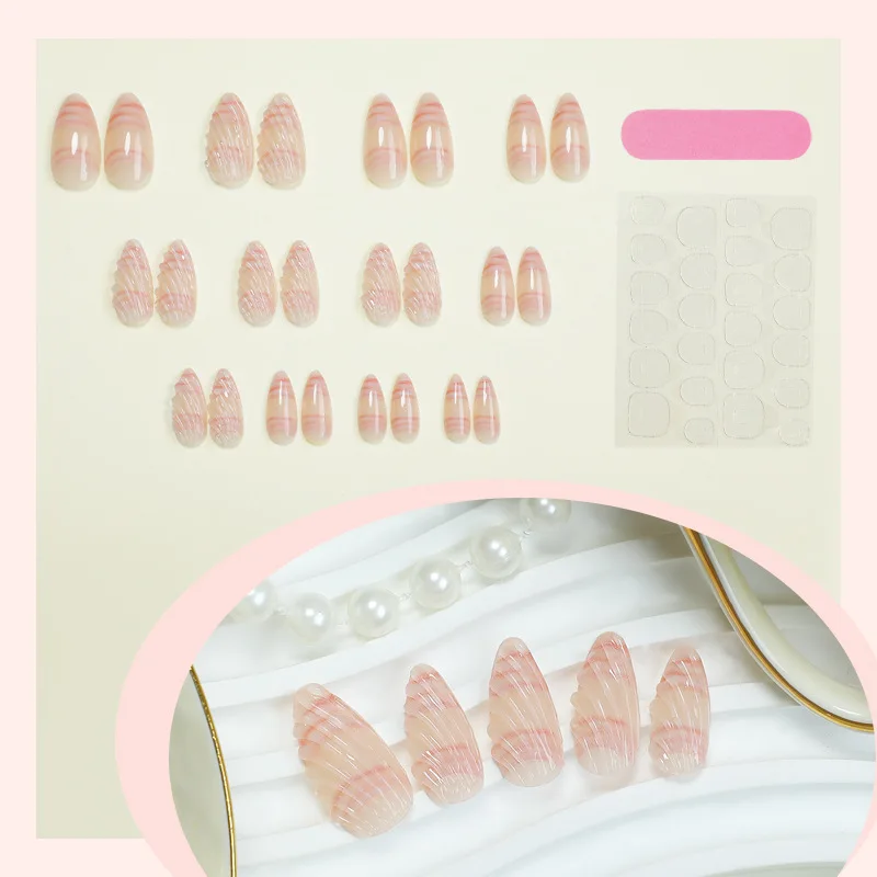 24pcs Light Pink False Nails 3D Shells Embossed Press On Nails Sweet Korean Style Wearable Almond Fake Nail Patches For Women