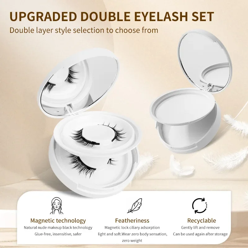 2pairs Magnetic False Eyelashes New Style Glue-Free Fake Mink False Eyelashes Natural Nude Makeup With Mirror Reusable Beauty