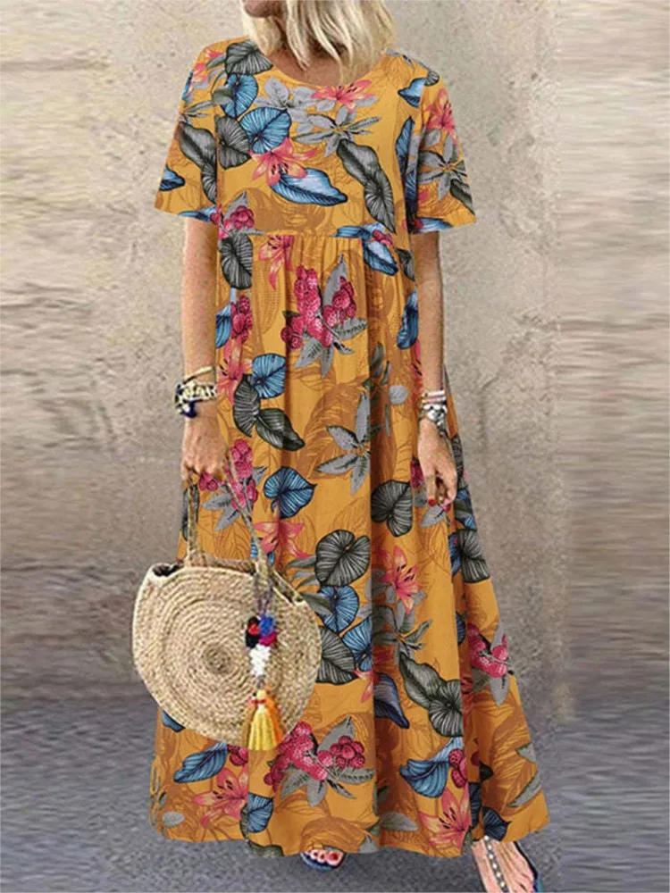 

Retro Floral Print Long Dress Casual Women's Clothing New Summer Beach Round Neck Loose Comfortable Short Sleeved Dress