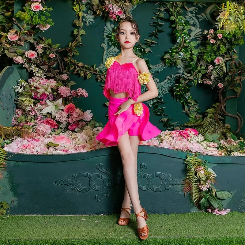 

Child Samba Tango Latin Dance Dress Girls Cha Cha Ballroom Dance Costume Fringe Latin Dress Kids Competition Dress Practice Wear