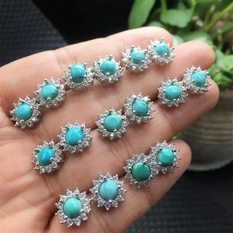 

S925 Natural Turquoise Stud Earrings Colorful Jewelry Fashion Gemstone For Women Girl Luxury Elegant Metal Gift 1pair
