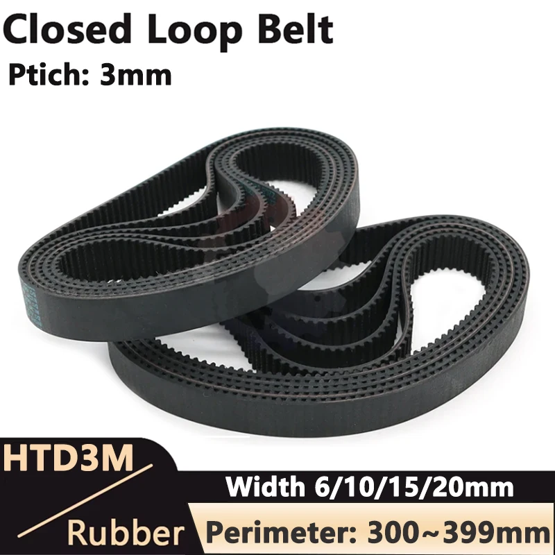 HTD3M Timing Belt C=300/303/306/309/312/315/318/321/324-399mm Width 6/10/15/20mm Rubber Closed Loop Synchronous Belt Pitch 3mm