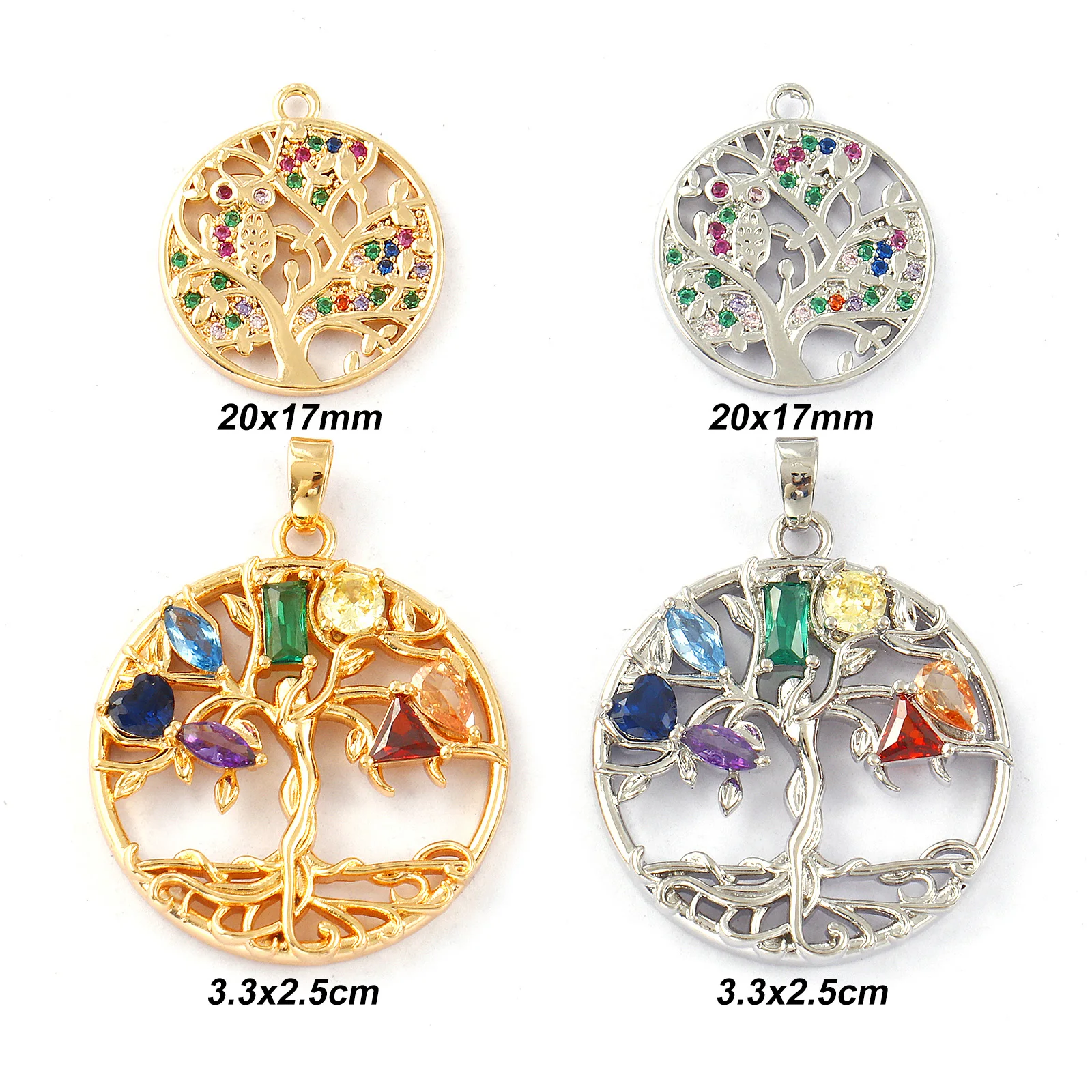 1pc Brass Charms Gold Color Round Tree Micro Pave Multicolour Cubic Zirconia Pendant DIY Necklace Women Party Jewelry Findings