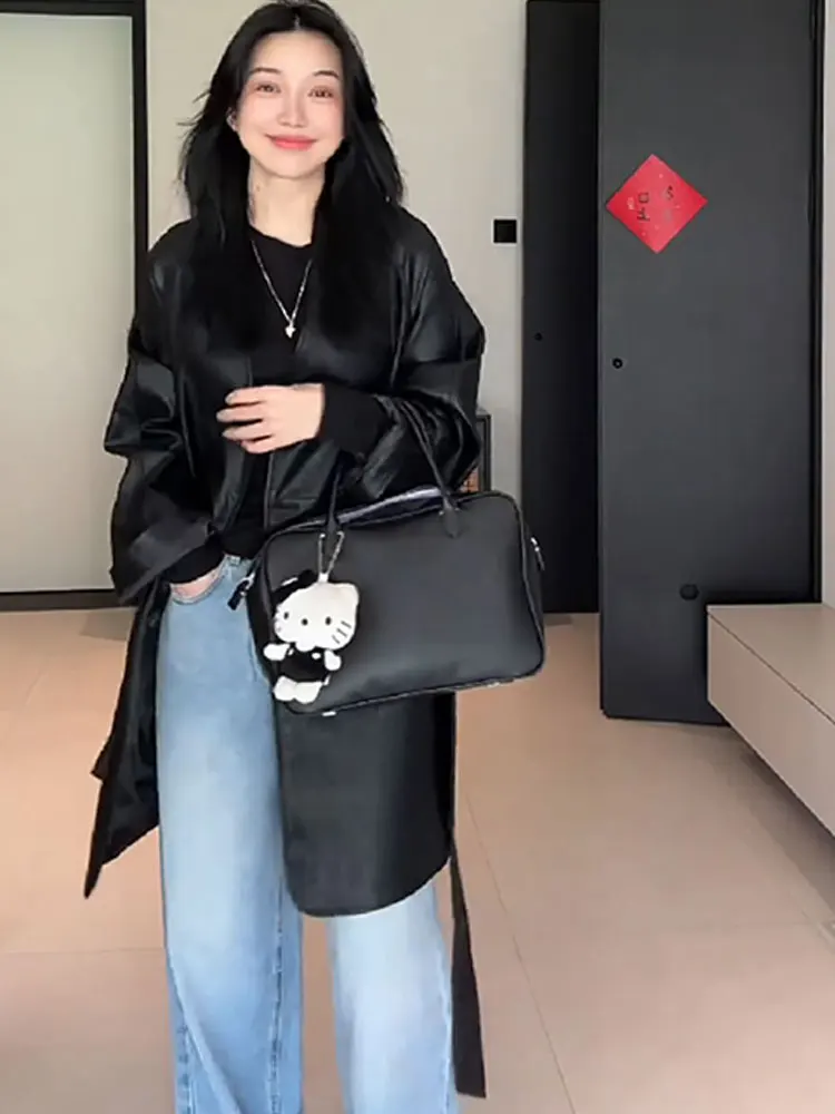 Bla PU cuero Jaet mujer motocicleta Sle abrigo de longitud media otoño 2025 nueva ropa de abrigo Faionable de un solo botón