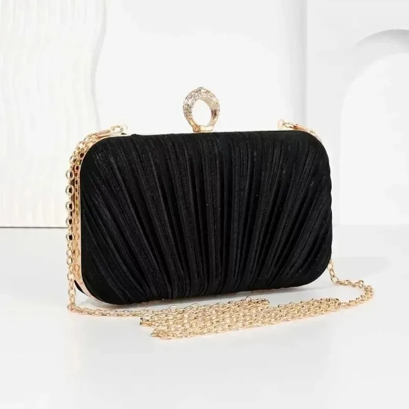 

Pleated Satin Evening Clutch Bag, Women's Elegant Hard Case Handbag with Detachable Chain & Rhinestone Clasp