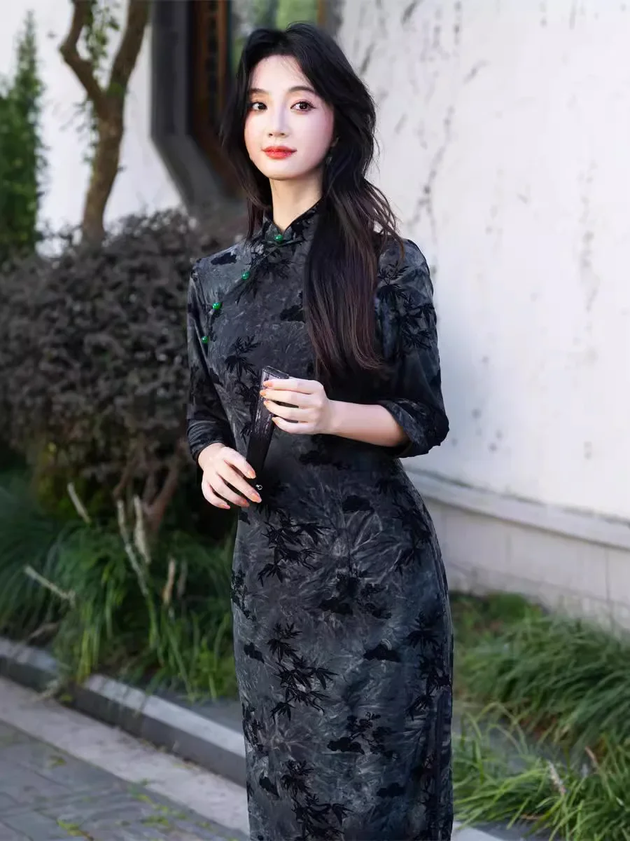 

Осень 2024, новая ткань Tie Dye, длинное платье Cheongsam, старый Шанхай, улучшенное платье Cheongsam с тушью, тонкое платье Cheongsam Qipao