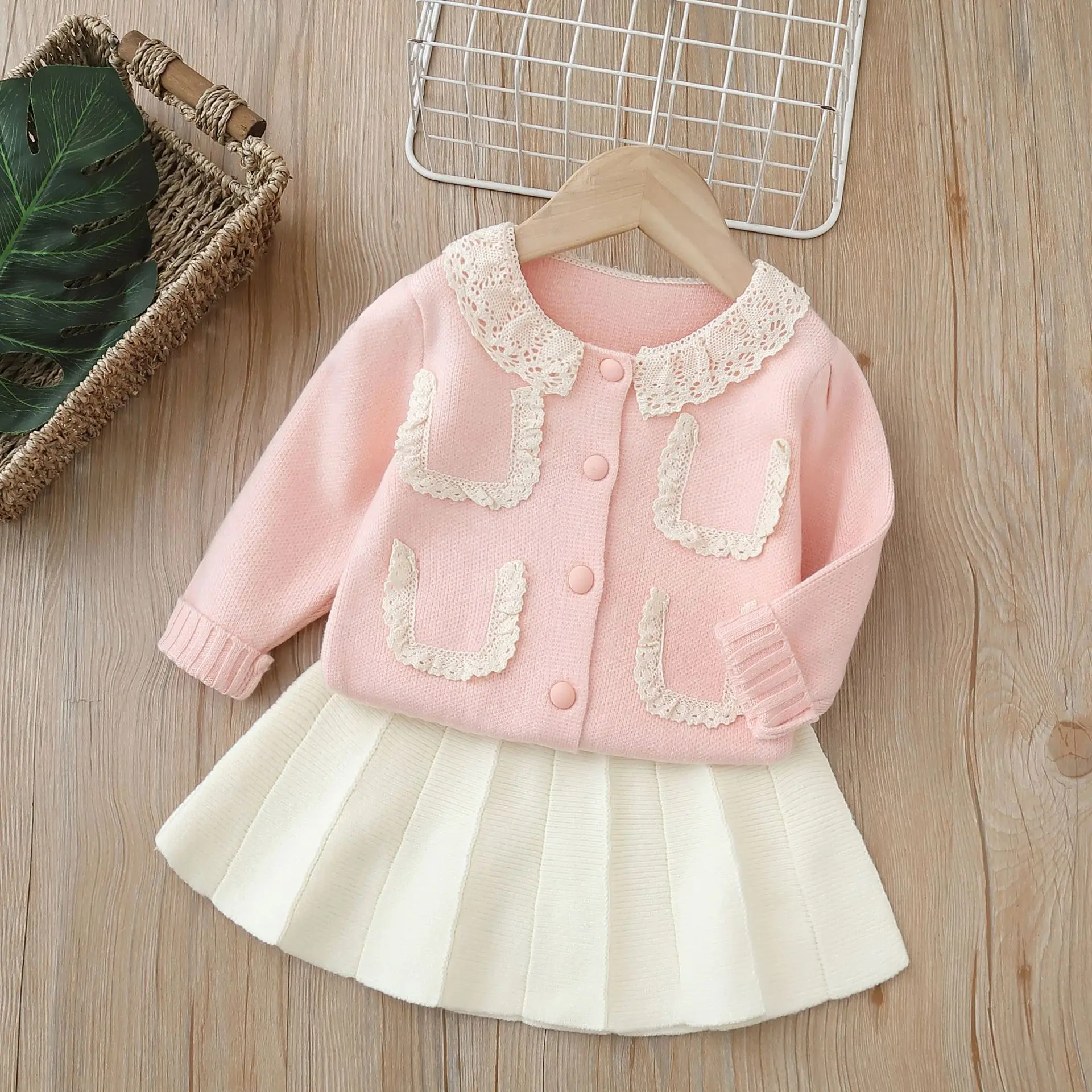 Spring Autumn 1-6Y Girls 2PCS Clothes Set Lace Collar Knitted Kids Girls Cardigan Elastic Waist Pleated Skirt Girls Sweet Outfit