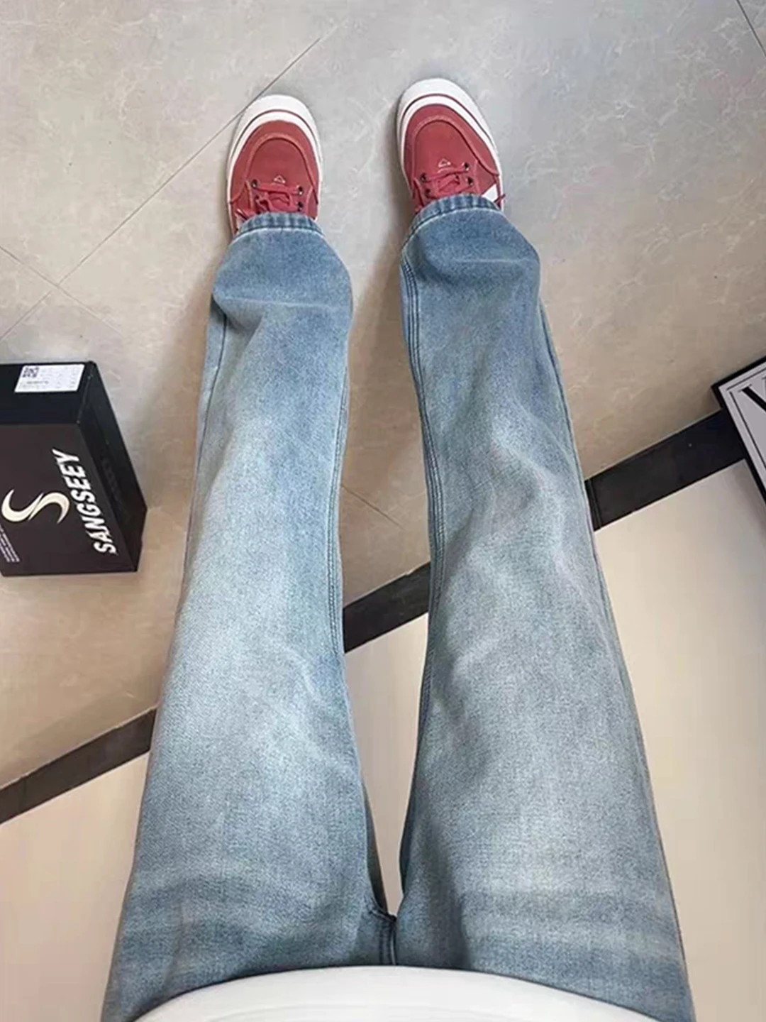 

American Retro Blue Men's Jeans High Street Autumn Winter Flared Cleanfit Straight Knife Pants Casual mid Waist Zipper