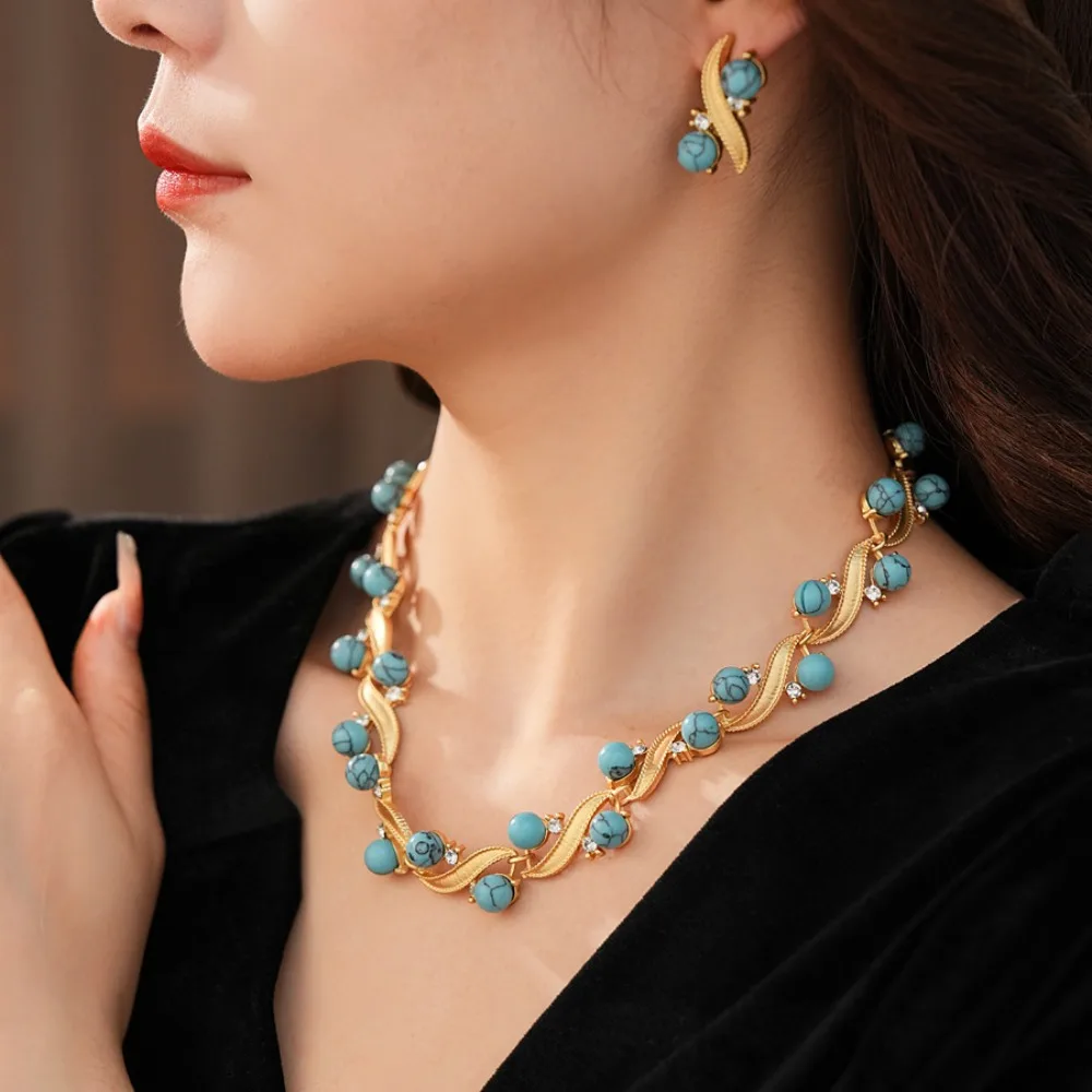 Vintage Bohemian Gold Color Curved Leaf Turquoise Inlaid Zircon Adjustabl Necklace Earrings for Women Friend Gathering Jewelry