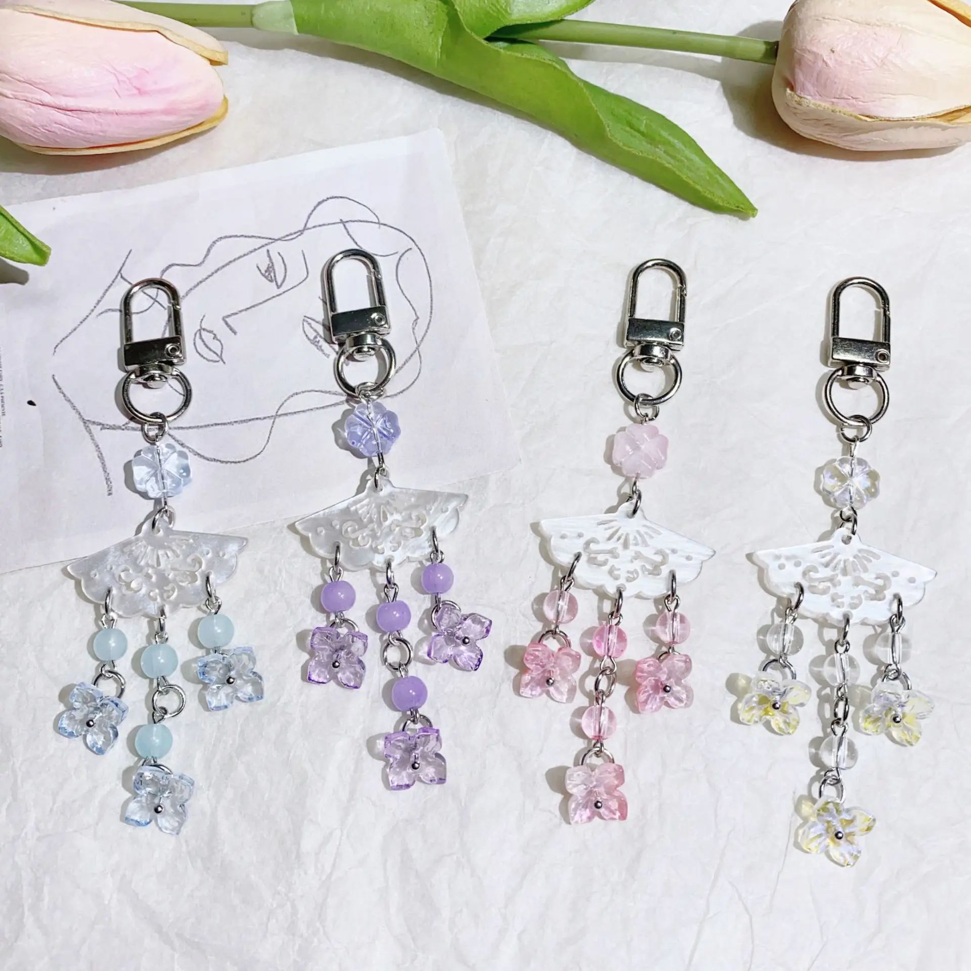 Handmade Keychain Handmade Beaded Flower Charm Car Pendant Keychain Lightweight Cherry Blossom Keychain For School Key Organizer