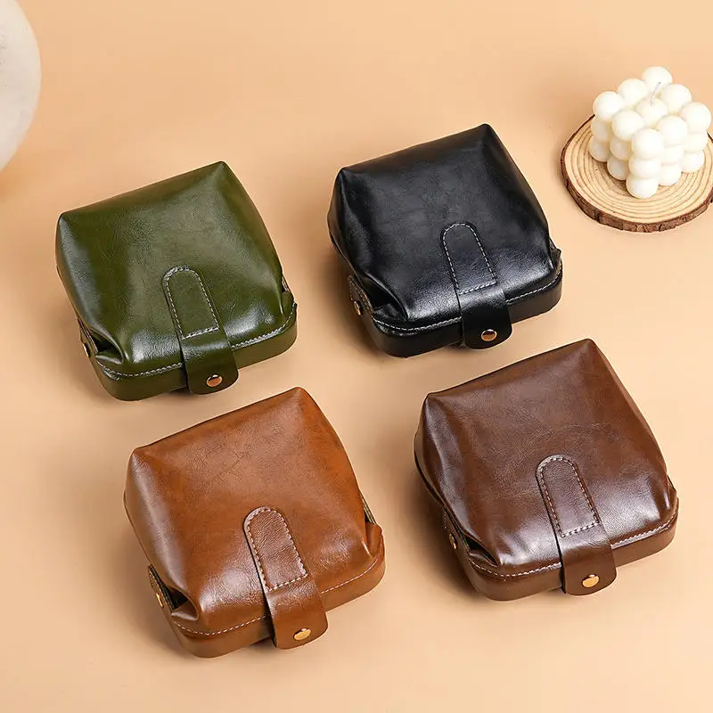 Fashion Vintage PU Leather Cosmetic Bag Solid Color Large Capacity Coin Purse Button Makeup Organizer Box