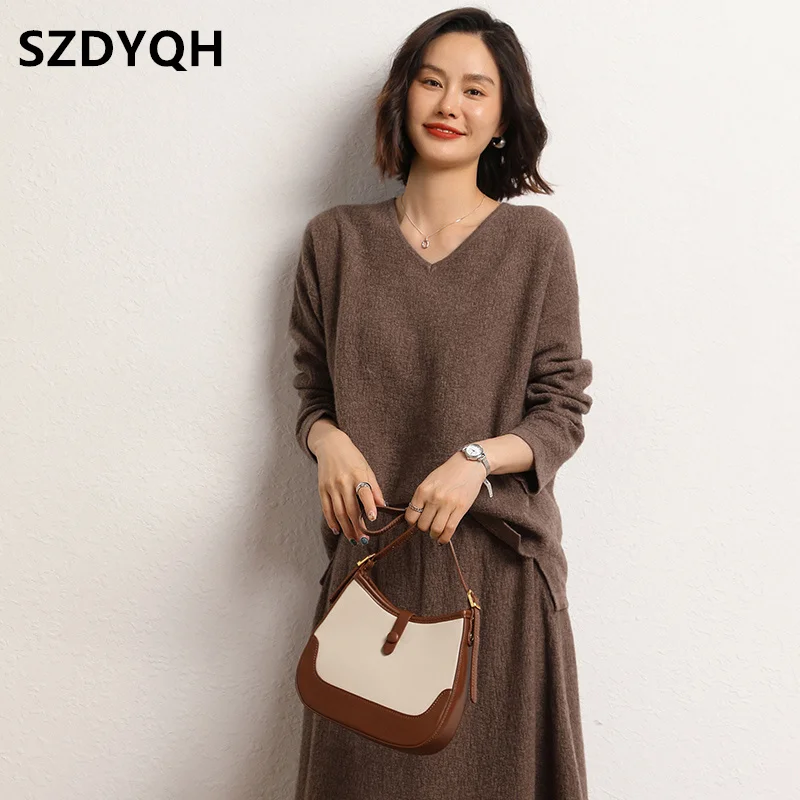 2023 Autumn Winter New 100% Cashmere Sweater Women\'s V-Neck Fashion Warm Sweaters Female Loose Large Size Knitted Pullover