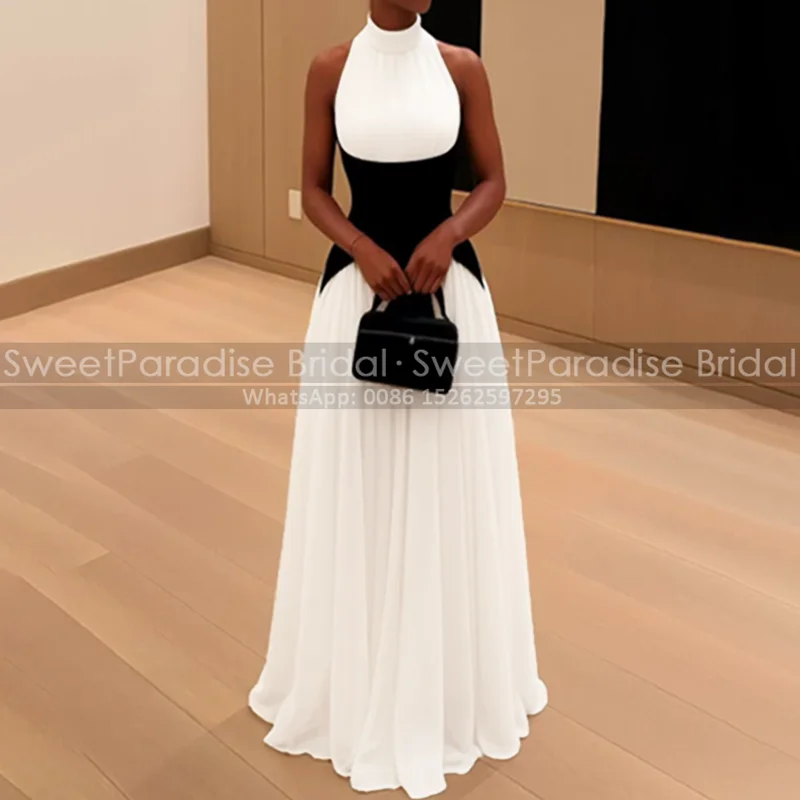 

Customized Long A Line Evening Dress High Neck Sleeveless White and Black Chiffon Prom Dresses Party For Women