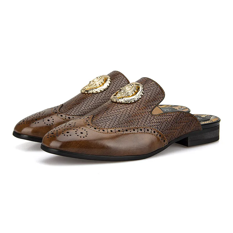 Men Brown Loafers Slip-On Slippers with Gold Emblem Formal Dress Shoes for Men Wedding Party Footwear Big Size