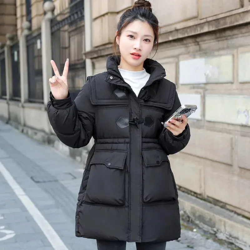 سترة قطنية متوسطة إلى طويلة، مجموعة أزياء جديدة لعام 2025، سترة قطنية لتخسيس الخصر، ياقة واقفة، قطن سميك ودافئ