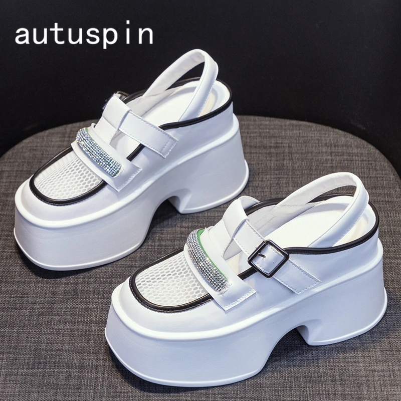 

AUTUSPIN 11cm Ladies High Platform Shoes Fashion Rhinestone Women Breathable Sandals Genuine Leather Round Toe Slingbacks Heels