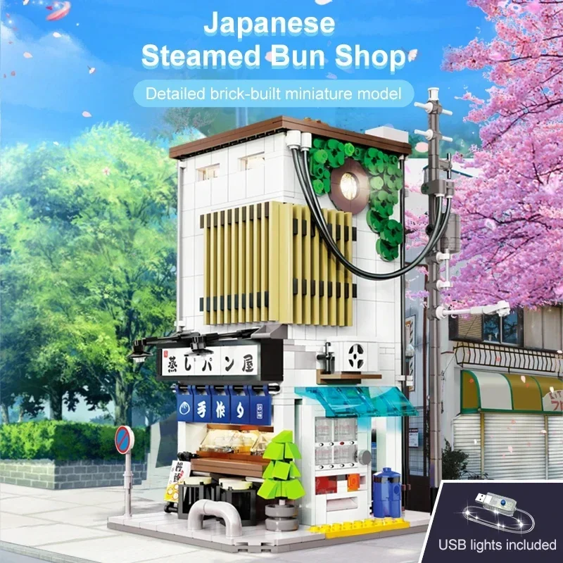 Cada LED Stadt Japanische Street View Ziegel Shop LED Japanische Gedämpfte Brötchen Haus Architektur Bausteine Sommer Café Spielzeug