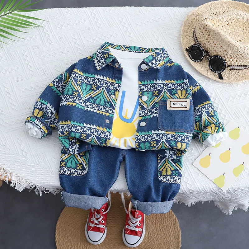 Spring Autumn Children Baby Boys 3PCS Clothes Set Printed Shirts Geometric Patterns Denim Coat Jeans Suit Toddler Boys Outfits