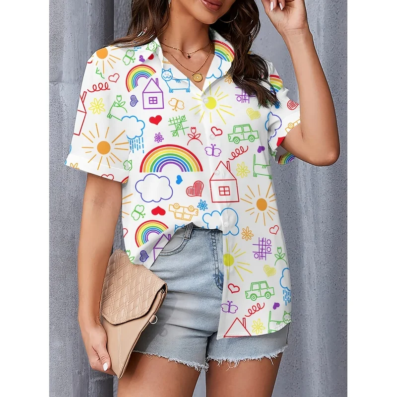 Women's White Short Sleeve Shirt Cartoon Print Lapel Collar Button Details Casual Elegant Spring Summer Fall Top