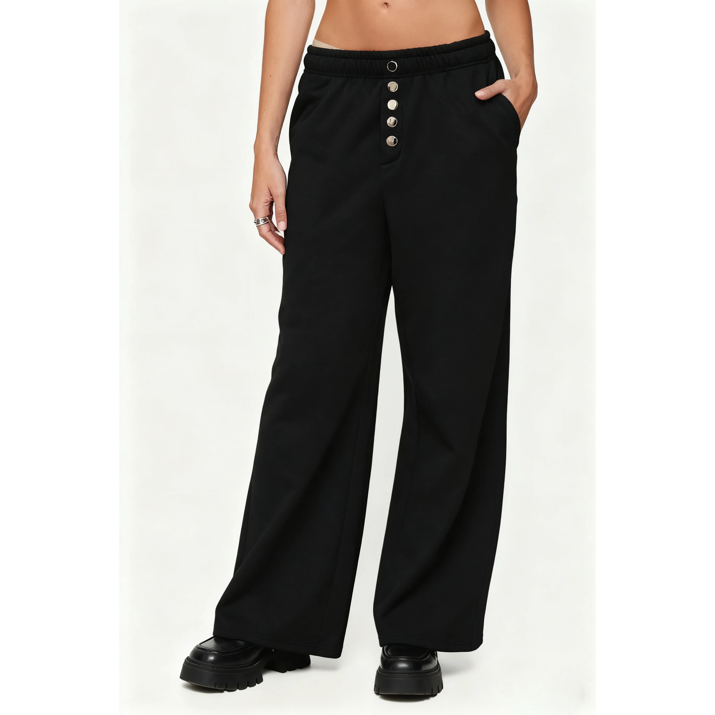 

Женские широкие спортивные штаны с эластичной резинкой на талии, серые мешковатые брюки свободного кроя с декоративными деталями на пуговицах, удобные брюки для отдыха