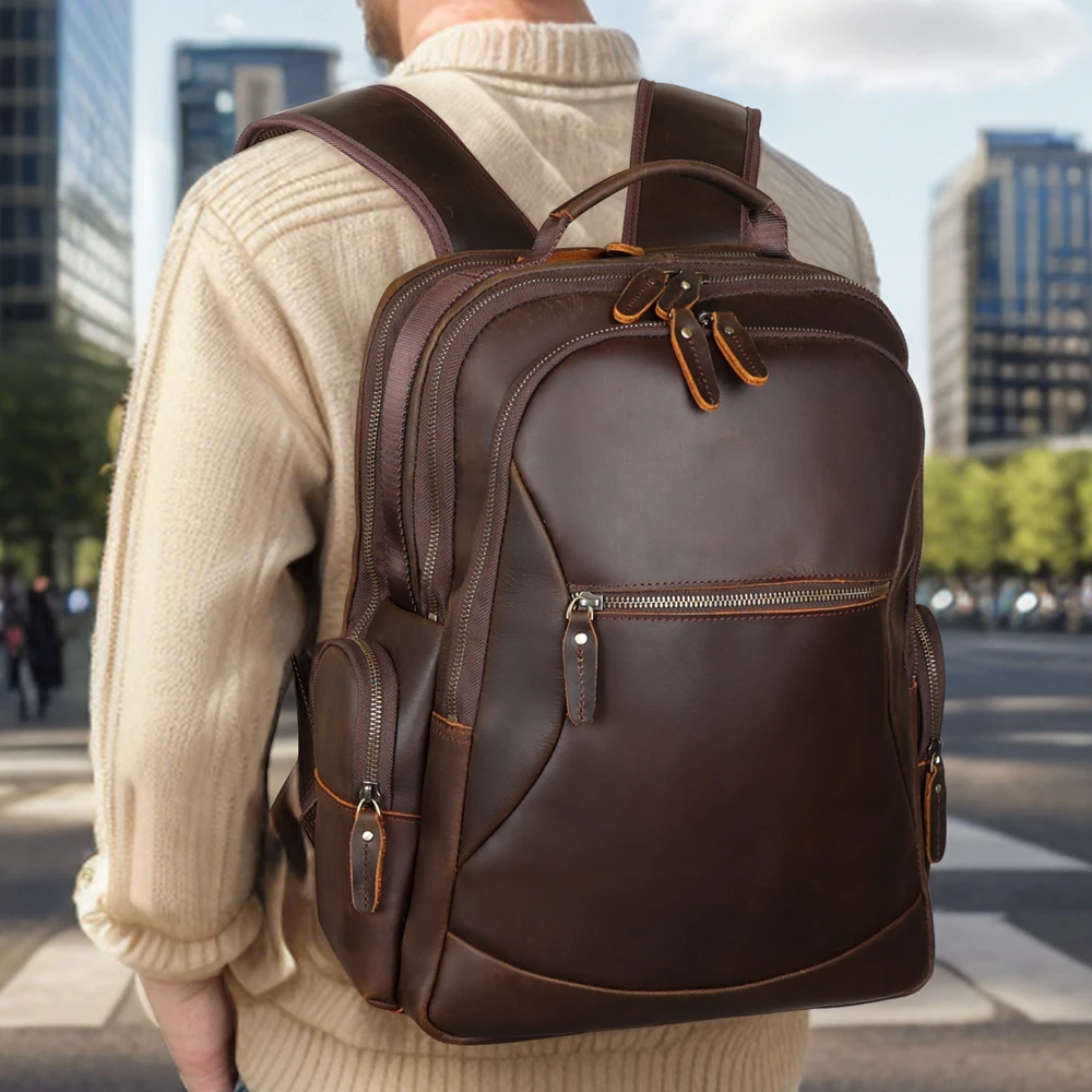 

New Design Vintage Full Grain Genuine Crazy Horse Leather Backpack Bag 15.6 Inches Laptop Real Leather Computer Bag Backpack