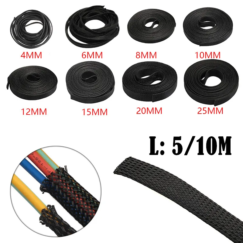 5/10M Cable Tubing Black Insulated Braided Sleeve PET Expandable High Density Sheathing 2/4/6/8/10/12/15/20/25mm Wire Protection