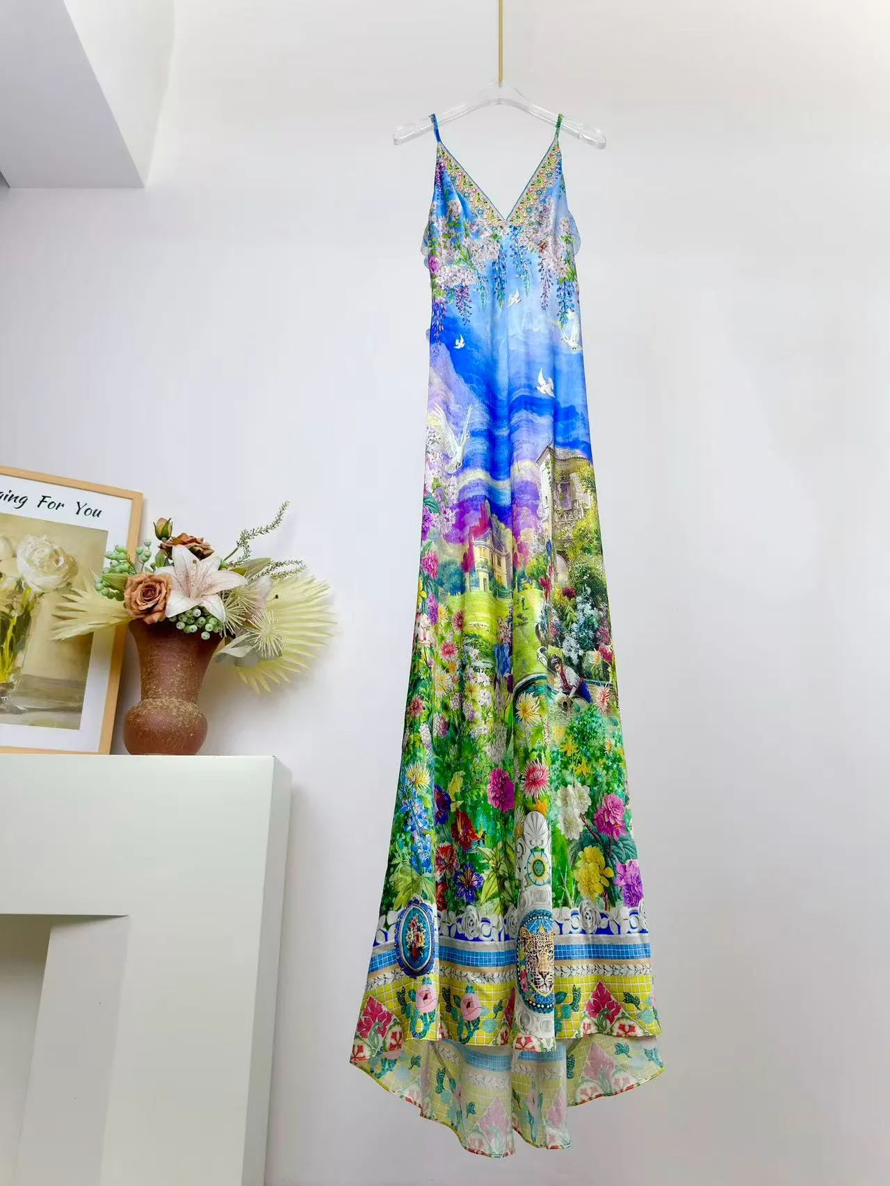 

100% Real Silk Women's Floral Landscape Print Satin Maxi Dress Spaghetti Strap V-Neck Backless Summer Beach Vacation Long Dress