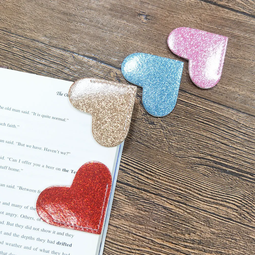 

6Pcs PU Heart Shaped Glitter Bookmarks Decorative Corner Page Holders for Students Teachers Office Reading Accessories
