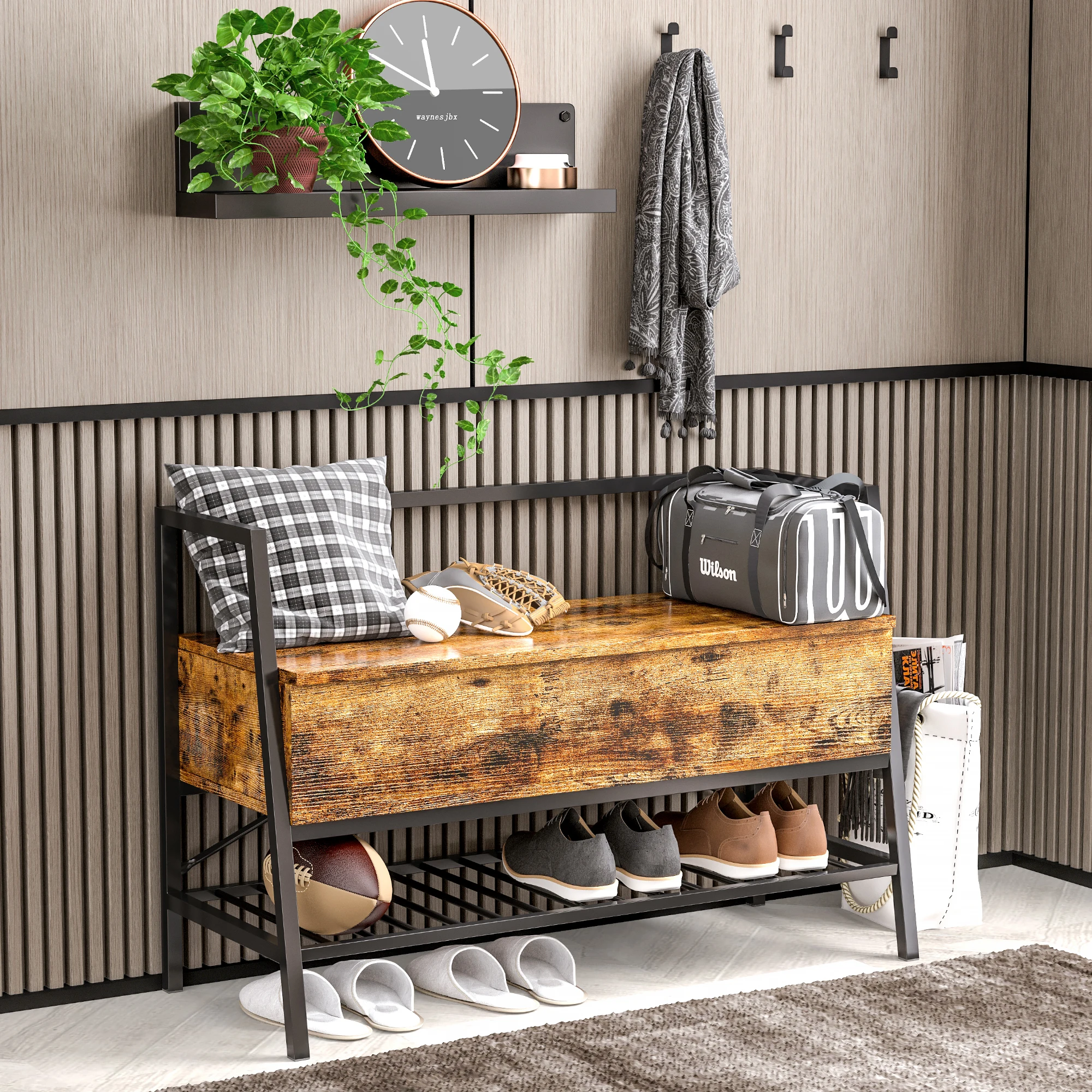 IRONCK Storage Bench, 35.4''Industrial Shoe Rack Bench with Storage Box for Entryway, Bedroom, Closet, Hallway Entryway Bathroom