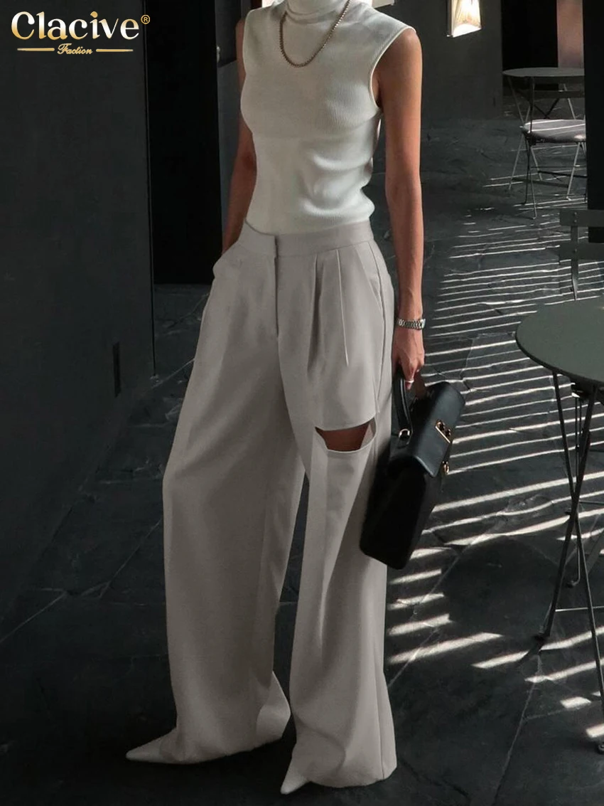 Clacive Fashion Loose Gray Women's Pants 2025 Casual High Waist Wide Leg Pants Elegant Hollow Out Full Length Trousers Female