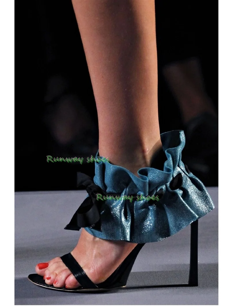 Ruffles Bow Decorative Pink Shiny Metal Folds Fashion Show Slippers Round Toe Low-Cut Sandals Banquet Luxury Women's Shoes 2026