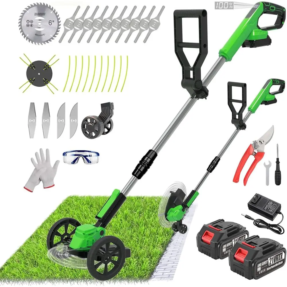 

Cordless Weed Wacker Eater Battery Powered, 21V Lightweight Electric Weed Trimmer with 2 Battery Operated & Charger& Wheels & Sh