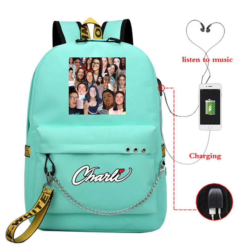 Charli damelio mochilas carga usb sacos de escola meninos meninas estudante mochila crianças mochila mochila diária escola