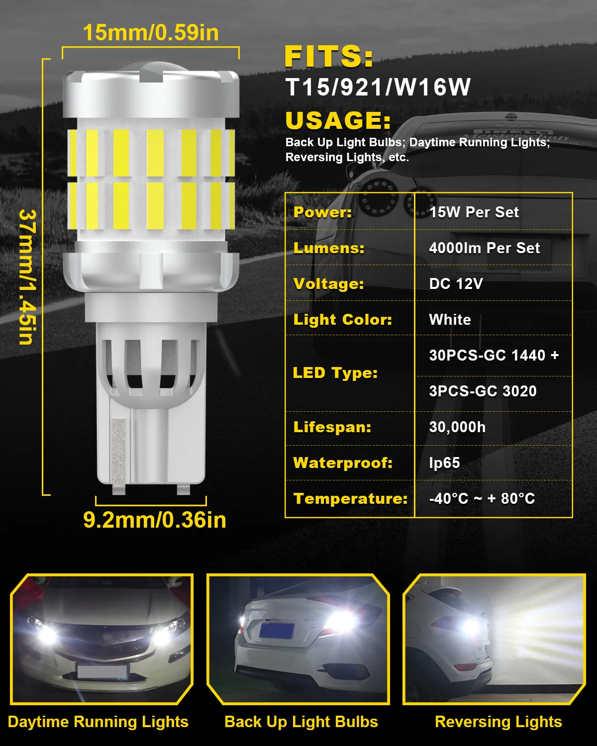 LEDカーリアランプ,Canbus-T15 t16,赤,オレンジ,黄色,バーニア,超高輝度,2x,2000lm