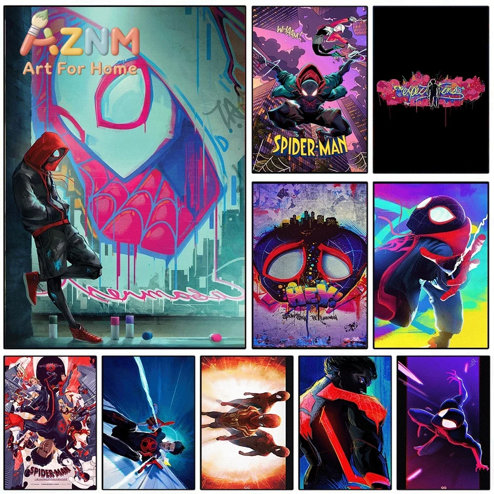 Spider Man Into The Spider Verse Canvas Wall Art No Frame Miles Morales Superhero Movie Poster Print Home Bedroom Living Room