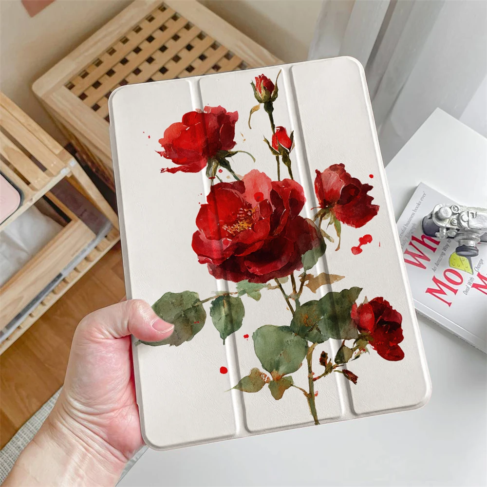 

With Pencil Holder Case for iPad Pro 13 2024 M4 Funda for iPad A16 2025 Air 11 M2 M3 Smart Cover Air 5 Air 4 Rose print case
